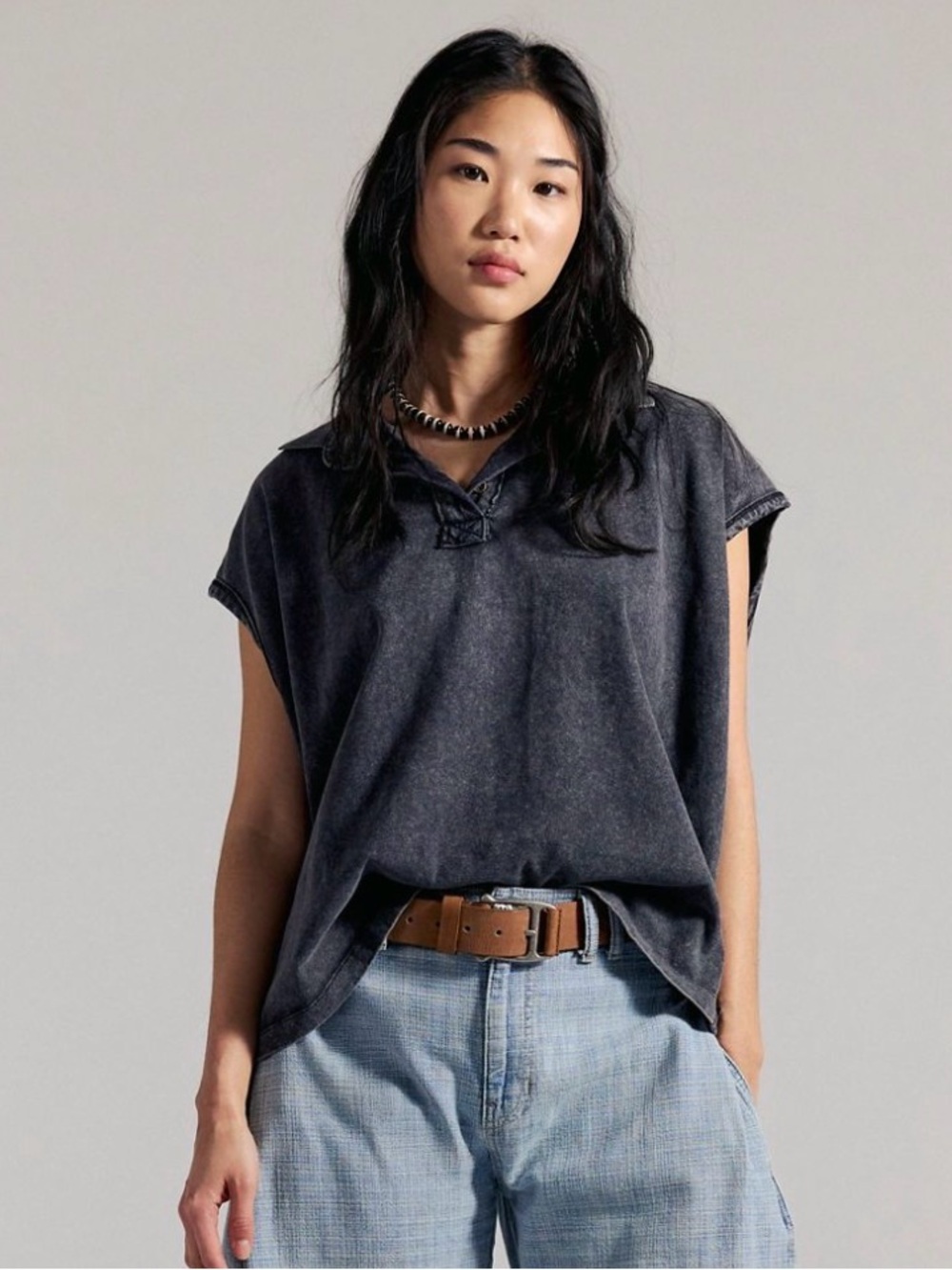 NWT Free People We the Free “Keep On Polo”Shirt in Black, Size XS